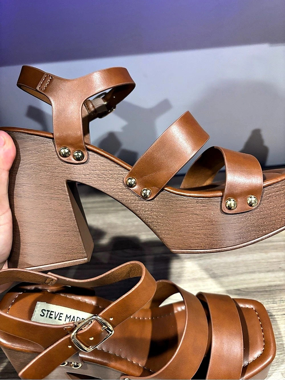 Steve Madden Kealey Leather Studded Wood Platform Block Heel Sandals Wedge